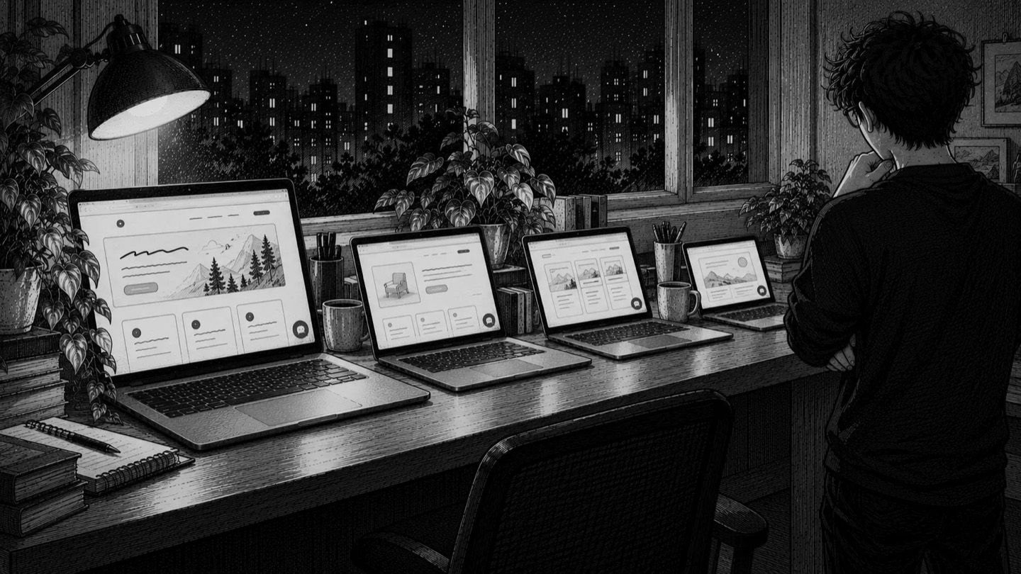 Four laptops in a row, each showing a different website with the same chat button, while the founder looks along the desk