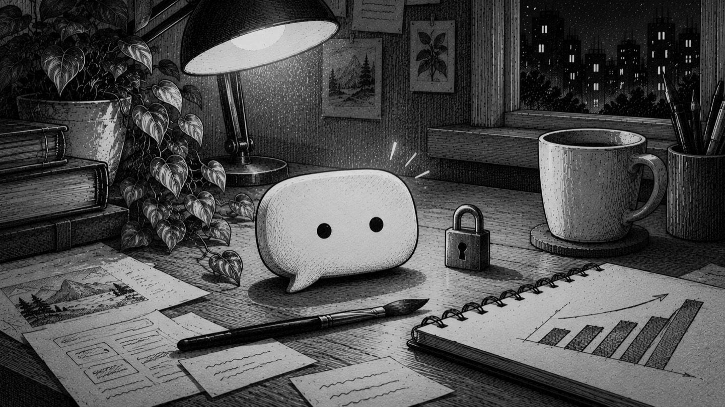 A friendly chat bubble with two eyes on a desk, surrounded by a paintbrush, a chart notebook, a padlock, a plant and a mug