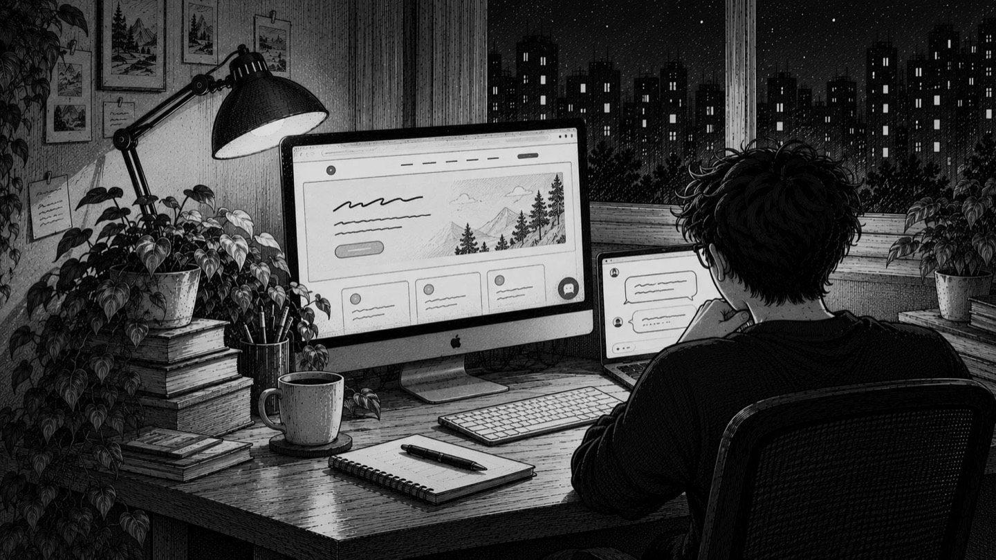 The founder at a night desk looking at a monitor that shows a website, with a small chat window open on a laptop beside it